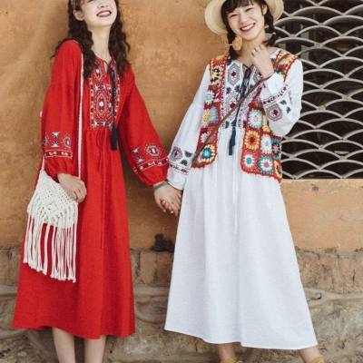 National style long skirt embroidered cotton and linen white skirt holiday travel dress super fairy travel women's clothing new style