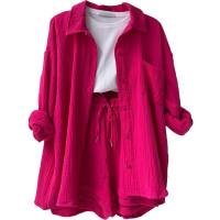 European and American women's clothing wrinkled lapel long-sleeved shirt high waist drawstring shorts fashionable casual two-piece suit  Hot Pink
