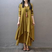 New spring and autumn fake two-piece long skirt literary big swing linen dress loose long sleeve cotton and linen skirt  Ginger