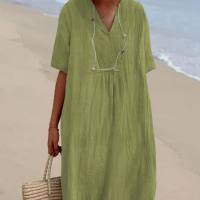 Ready-to-wear women's solid color cotton and linen dress  Light Green
