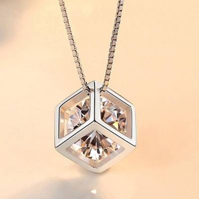 Copper silver-plated square love cube pendant for women, creative diamond-encrusted simple Korean silver jewelry, Korean style necklace
