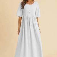 European and American women's large size loose cotton and linen round neck insert pocket five-point sleeve mid-length dress  White
