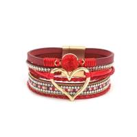 Venda quente pulseira de couro multicamadas boêmia tecida à mão pulseira de ouro grande coração feminino  Vermelho