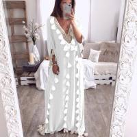 Women's Middle Eastern Large Size Robe V-Neck Blouse Tassel Stitching Dress Dress  White