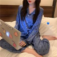 New style pajamas for women in spring and autumn long-sleeved ice silk net celebrity style ins cardigan high-end home clothes suit  Multicolor