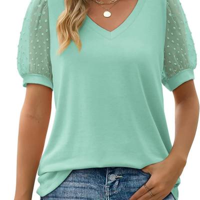 Summer new European and American women's T-shirt solid color v-neck simple mesh puff sleeves