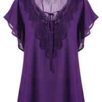 Women's trumpet sleeve short-sleeved T-shirt lace patchwork top plus size women's clothing  Purple
