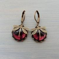 Longheng European and American Jewelry Vintage Dragonfly Pattern Earrings Moonlight Stone Women's Old Earrings  Red