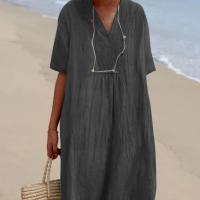 Ready-to-wear women's solid color cotton and linen dress  Deep Gray