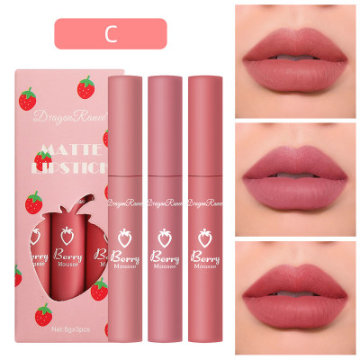 3 Erdbeer-Set-Box samt matt matt Lip Glaze Lippenstift Lipgloss weibliche Antihaft-Tasse süßes Set