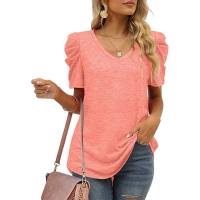 European and American popular pleated splicing V-neck short-sleeved T-shirt tops for women  Pink