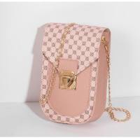 Retro style geometric print mobile phone bag trendy fashion ladies shoulder messenger bag personality chain bag  Pink