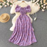 Small fresh French retro fairy slim floral dress high waist drawstring pleated waist slim long skirt  Purple