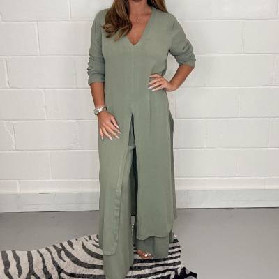 New women's slit long tops and trousers suits