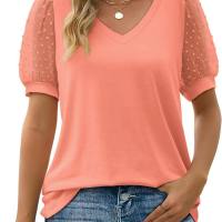 Summer new European and American women's T-shirt solid color v-neck simple mesh puff sleeves  Pink