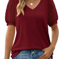 Summer new European and American women's T-shirt solid color v-neck simple mesh puff sleeves  Red