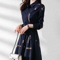Spring new style simple lapel contrast color geometric belt slim shirt mid-length dress for women  Navy Blue