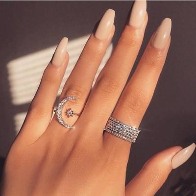 Anéis elegantes de estrela e lua, anéis crescentes de venda quente, anéis abertos de dedo indicador de estrela e lua de estilo étnico