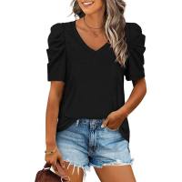 European and American popular pleated splicing V-neck short-sleeved T-shirt tops for women  Black