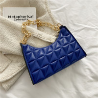 Women's New Trendy and Fashionable Korean Edition Lingge Contrast Single Shoulder Underarm Bag Handheld Stick Bag  Deep Blue
