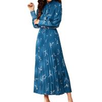 Vestido de outono e inverno temperamento francês elegante senhora plissado saia de chiffon floral  Azul