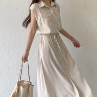 Summer new Japanese style sleeveless pocket sleeveless mid-length casual lapel dress shirt dress  Khaki