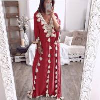 Women's Middle Eastern Large Size Robe V-Neck Blouse Tassel Stitching Dress Dress  Red