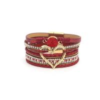 Venda quente pulseira de couro multicamadas boêmia tecida à mão pulseira de ouro grande coração feminino  Borgonha