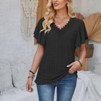 European and American women's spring and summer new lace V-neck lotus leaf sleeve solid color loose T-shirt  Black