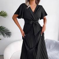 ins hot style real shot European and American spring and summer temperament cross V-neck large swing pleated long skirt women's clothing  Black