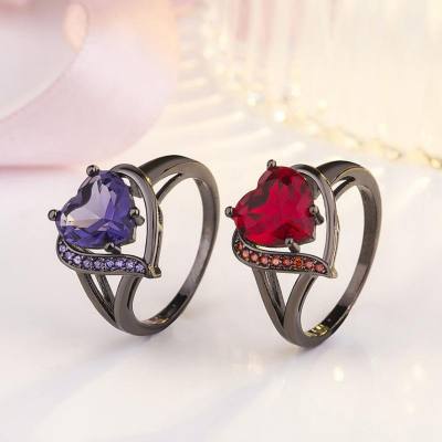 Creative wish hot selling love ring plated with black gold fashionable colorful large zircon heart shaped ring hot selling