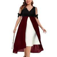 Spring and summer new large size women's V-neck splicing fake two-piece irregular sleeve dress  Red