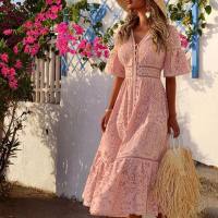 Summer new women's V-neck short-sleeved hollow single-breasted lace dress new style  Pink