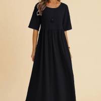 European and American women's large size loose cotton and linen round neck insert pocket five-point sleeve mid-length dress  Black