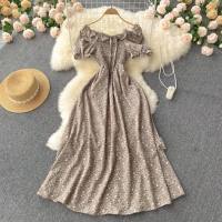 Small fresh French retro fairy slim floral dress high waist drawstring pleated waist slim long skirt  Apricot