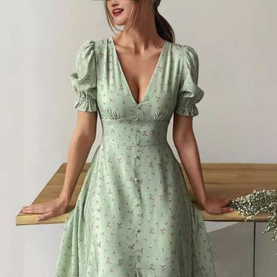 Women's European and American elegant printed V-neck lantern sleeve dress