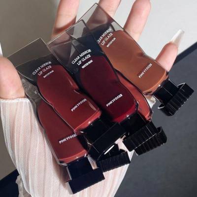PinkyFocus Black Mirror Glaze Lip Glaze Mirror Surface Water Gloss Lasts Long and Not Easy to Fade Film Transparent Ice Block Lip Mud Female