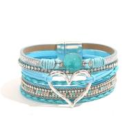 Venda quente pulseira de couro multicamadas boêmia tecida à mão pulseira de ouro grande coração feminino  Azul claro