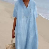 Ready-to-wear women's solid color cotton and linen dress  Blue