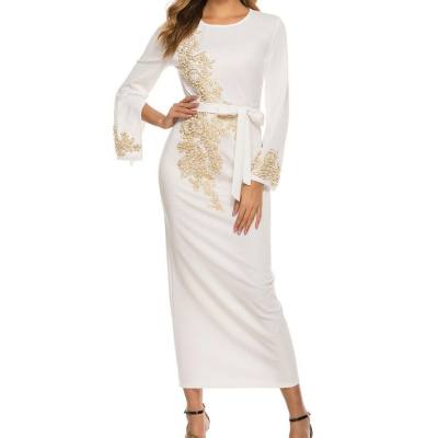 Yi Duoduo's new elegant embroidered long skirt with lace beaded trumpet sleeves and lace-up long skirt