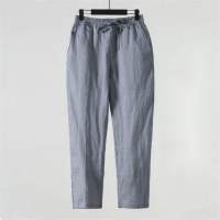 Pantalon en coton et lin, pantalon d'été en lin, fin, ample, grande taille, neuf points, décontracté  gris