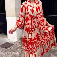 Abbigliamento da donna taglie forti europee e americane Amazon nuova elegante gonna a camicia stampata Abito bohémien  Rosso