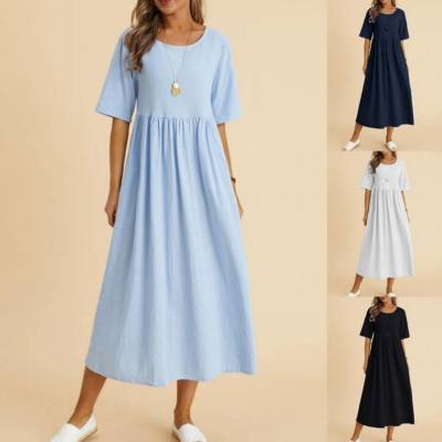 European and American women's large size loose cotton and linen round neck insert pocket five-point sleeve mid-length dress