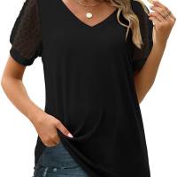 Novedad de verano, camiseta para mujer europea y americana, color sólido, cuello en V, mangas abullonadas de malla simples  Negro