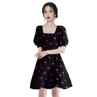 Summer plus size women's French puff sleeve dress with elegant temperament jacquard tea break skirt mid-length  Black