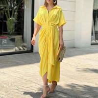 Summer new European and American women's wear tie waist short sleeve single breasted solid color shirt dress  Yellow