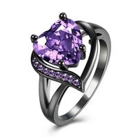 Bague d'amour créative plaquée or noir, grand anneau coloré en forme de cœur en zircon, offre spéciale  Violet