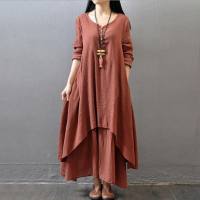 New spring and autumn fake two-piece long skirt literary big swing linen dress loose long sleeve cotton and linen skirt  Hot Pink