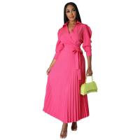 Spring and Summer Long Sleeve Polo Neck High Waist Fashion Casual Pleated Women's Dress  Hot Pink