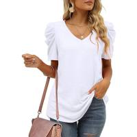 European and American popular pleated splicing V-neck short-sleeved T-shirt tops for women  White